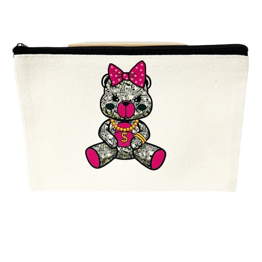 Money Bear Canvas Zipper Pouch – 8.3x5 in Multi-Use Makeup & Travel Bag